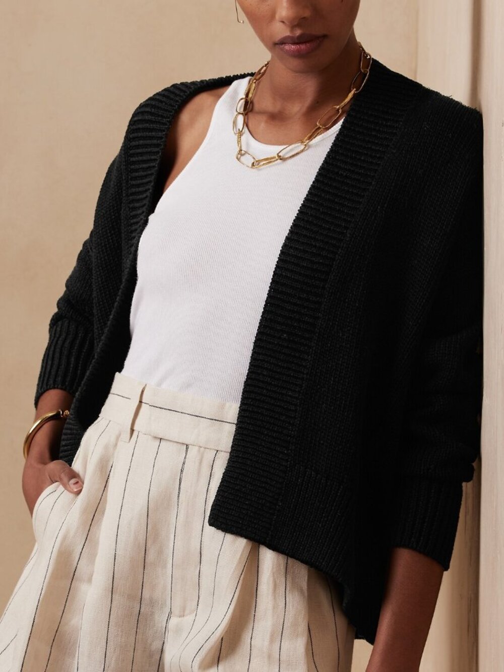 NWT! Banana Republic Black Chunky Cotton Open Cardigan Sweater PXS